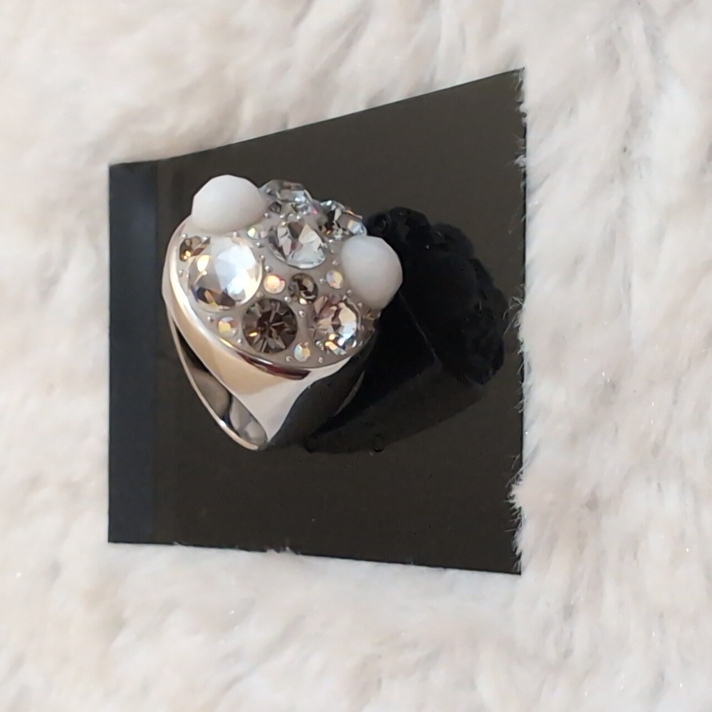 Swarovski| Silver White Glass With Clear Rhinestone Cocktail Ring - Picture 6 of 8